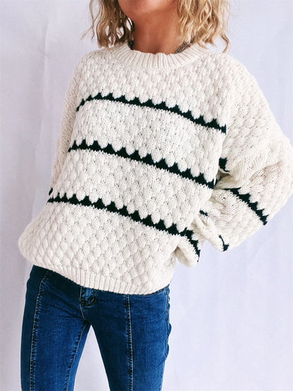 Contrast Stripes Round Neck Long Sleeve Sweater