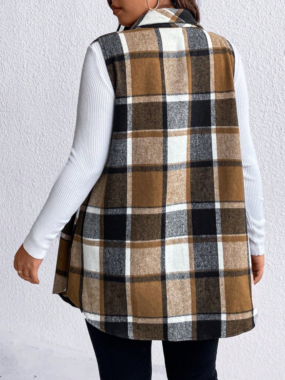 Plus Size Pocketed Plaid Button Up Vest Coat