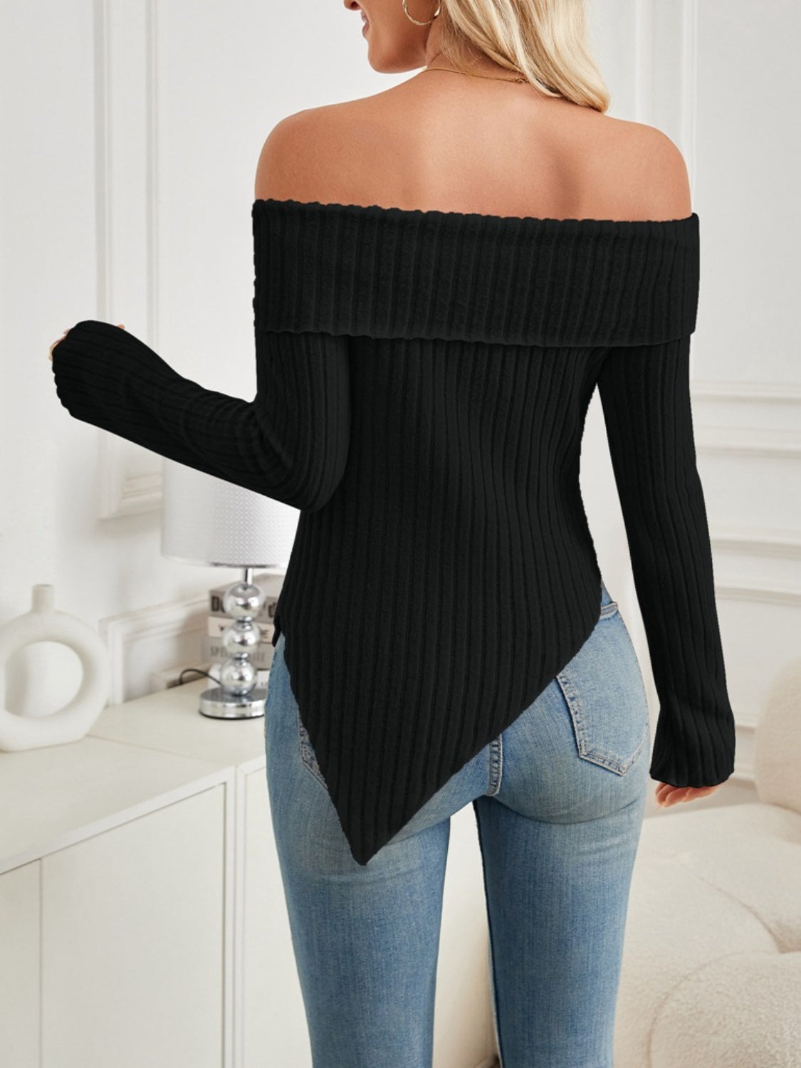 Ribbed Asymmetrical Hem Off-Shoulder Long Sleeve T-Shirt