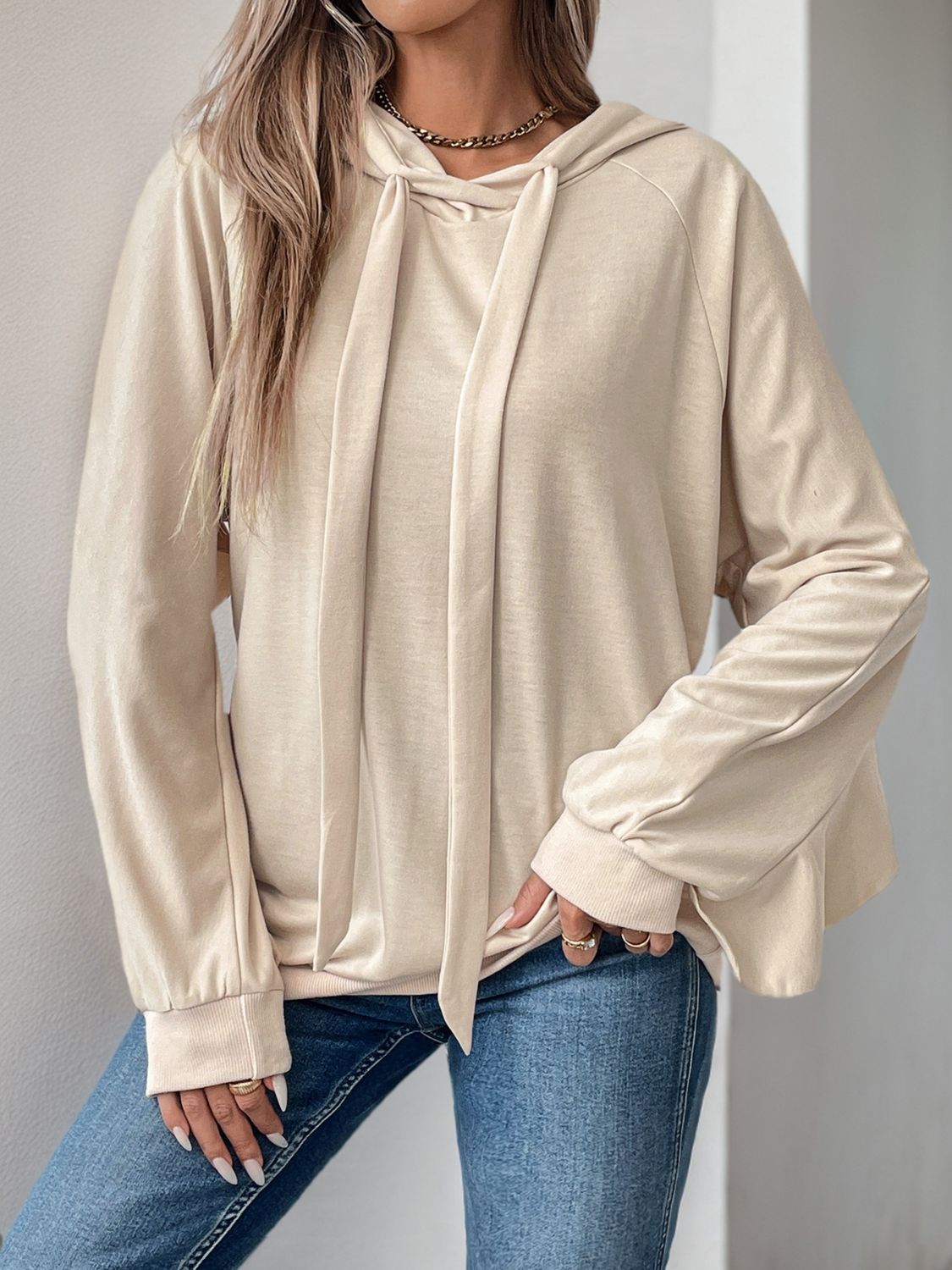 Drawstring Ruffled Long Sleeve Hoodie