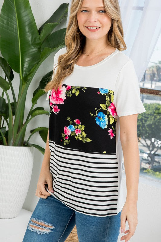 FLORAL STRIPE MIXED TOP