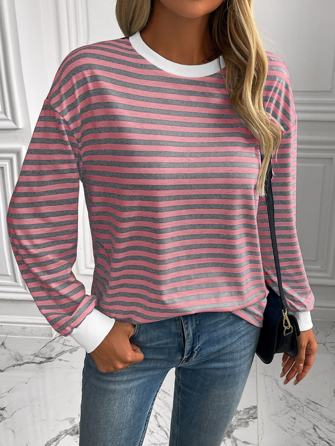 Striped Round Neck Long Sleeve Sweatshirt