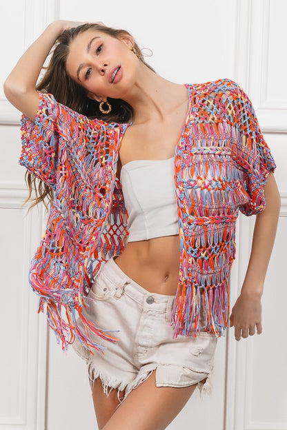 Open Front Fringed Crop Knit Cardigan