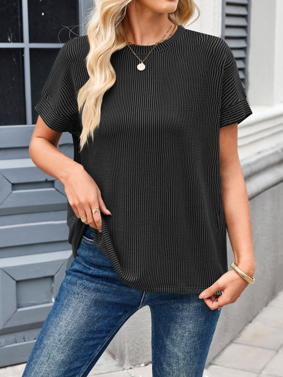 Round Neck Short Sleeve Rib T-Shirt