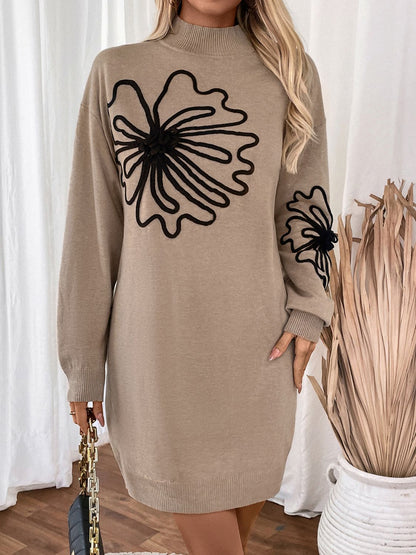 Flower Mock Neck Long Sleeve Sweater Dress