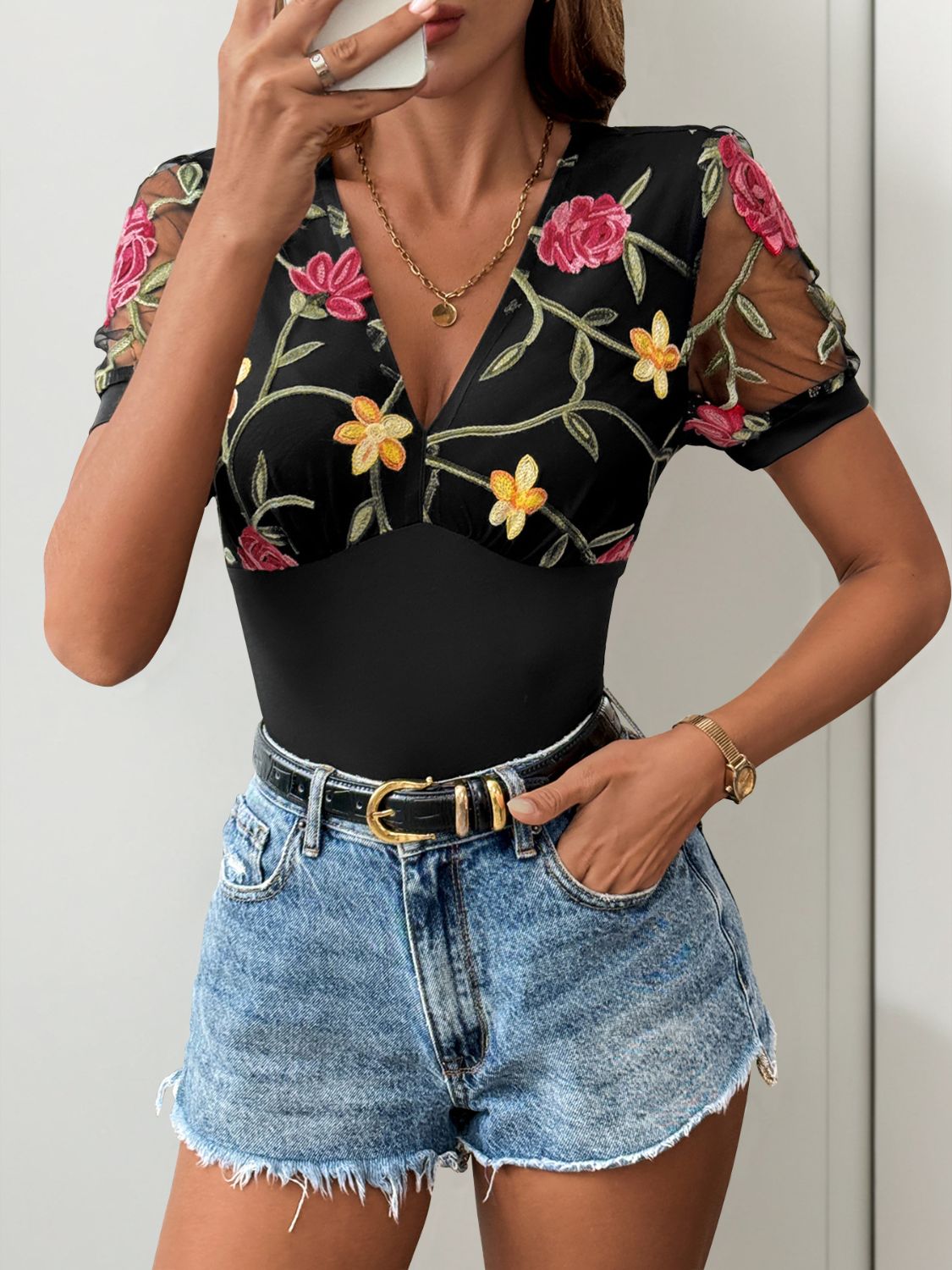 Embroidered V-Neck Floral Bodysuit
