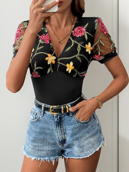Embroidered V-Neck Floral Bodysuit