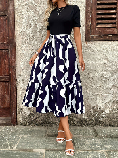 Printed Round Neck Short Sleeve Midi Dress