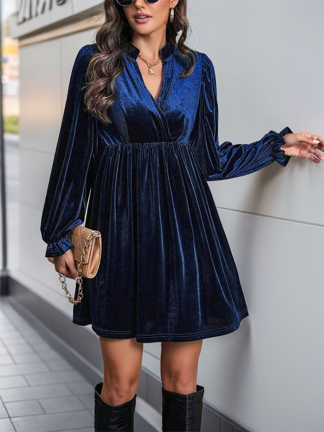 Ruched Surplice Long Sleeve Mini Dress
