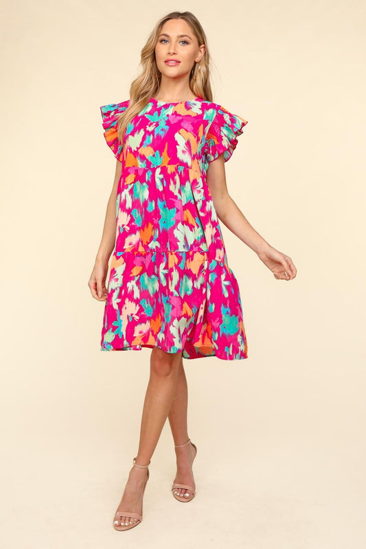 Printed Ruffled Tiered Dress with Side Pockets