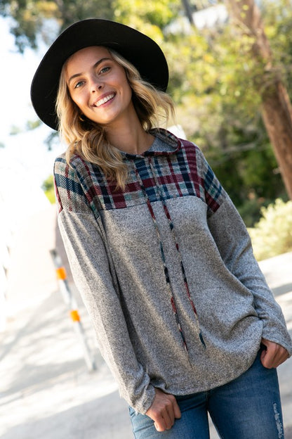 HACCI MELANGE PLAID AND SOLID MIXED HOODIE TOP