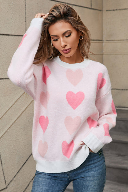 Heart Round Neck Long Sleeve Sweater