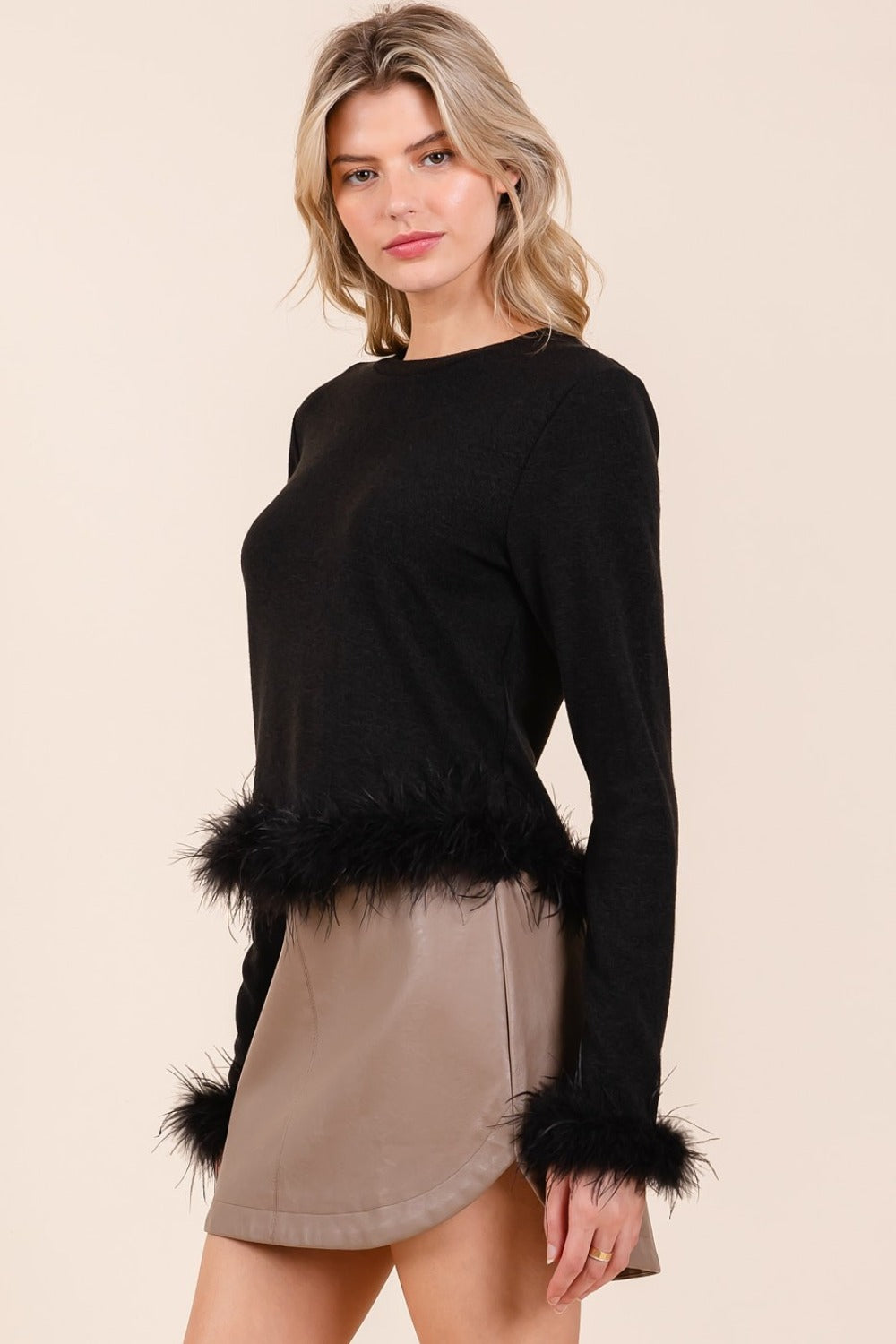 Feather Trim Long Sleeve Crop Hacci Knit Top