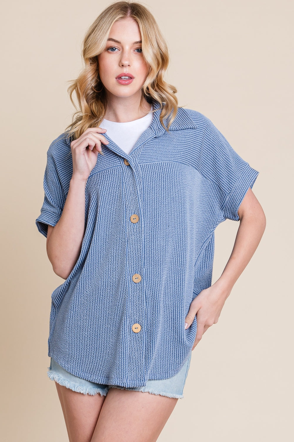 Button Up Short Sleeves Ribbed Shirt