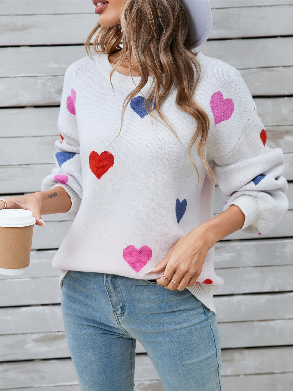 Heart Round Neck Long Sleeve Sweater