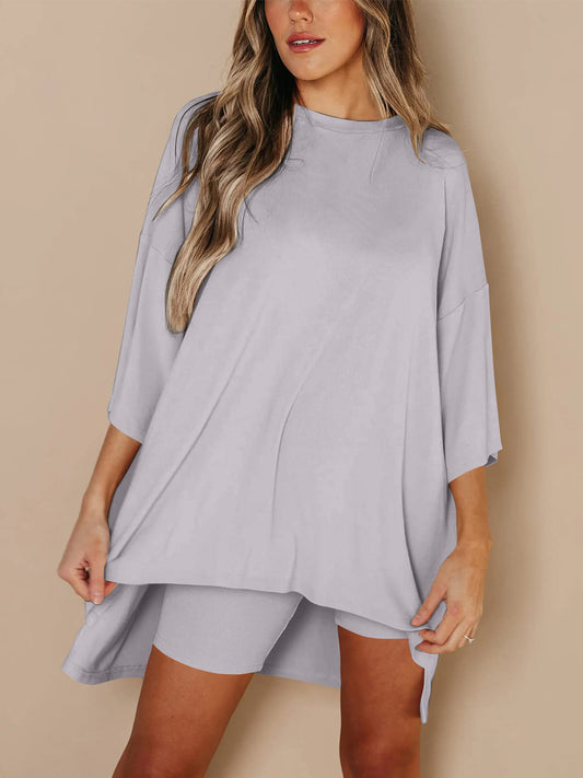 Round Neck Top and Skinny Shorts Set