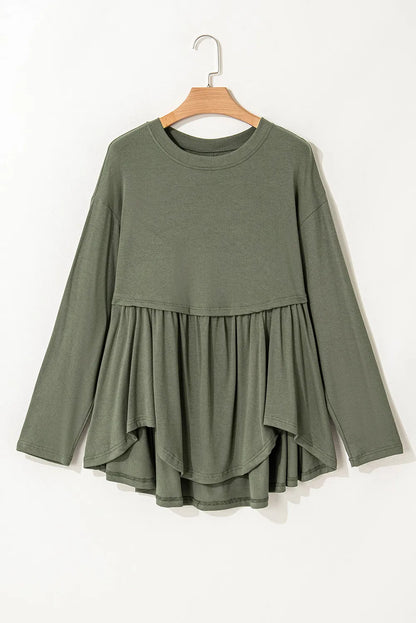 Peplum Round Neck Long Sleeve Blouse