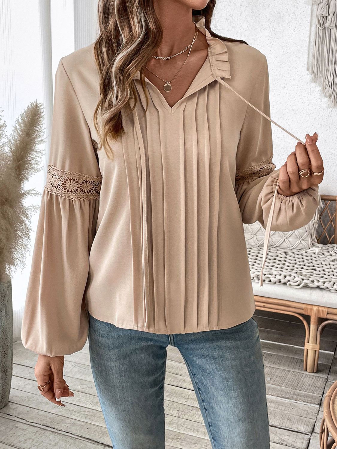 Frill Tie Neck Long Sleeve Blouse