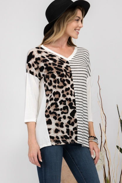 Front Leopard and Striped Print V-Neck T-Shirt