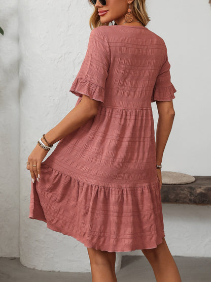 Ruffled Ruched Round Neck Half Sleeve Dress