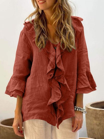 Ruffled V-Neck Flounce Sleeve Blouse