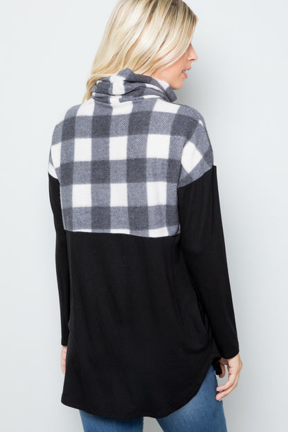 Pocketed Plaid Turtleneck Long Sleeve Blouse