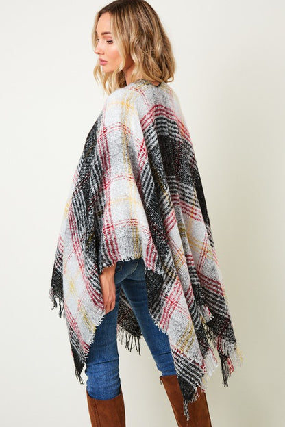 MULTI PLAID FRINGE PONCHO SHAWL