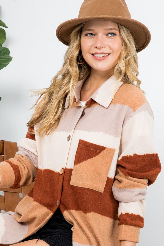 FUZZY STRIPE BUTTON DOWN SHACKET