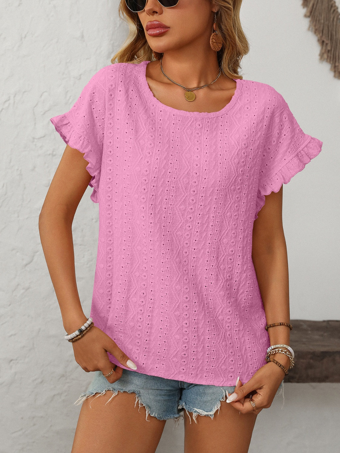 Eyelet Round Neck Short Sleeve Top