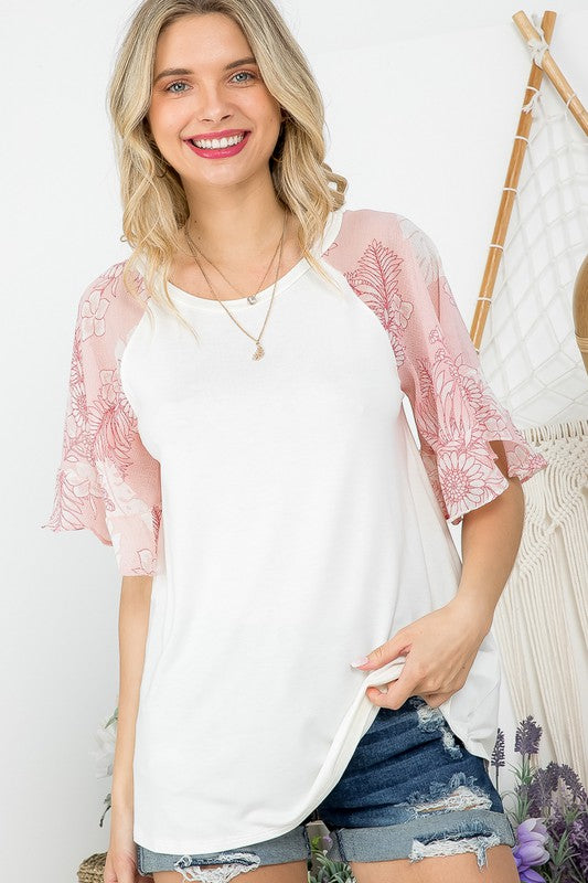 FLORAL CHIFFON MIXED BELL SLEEVE TOP