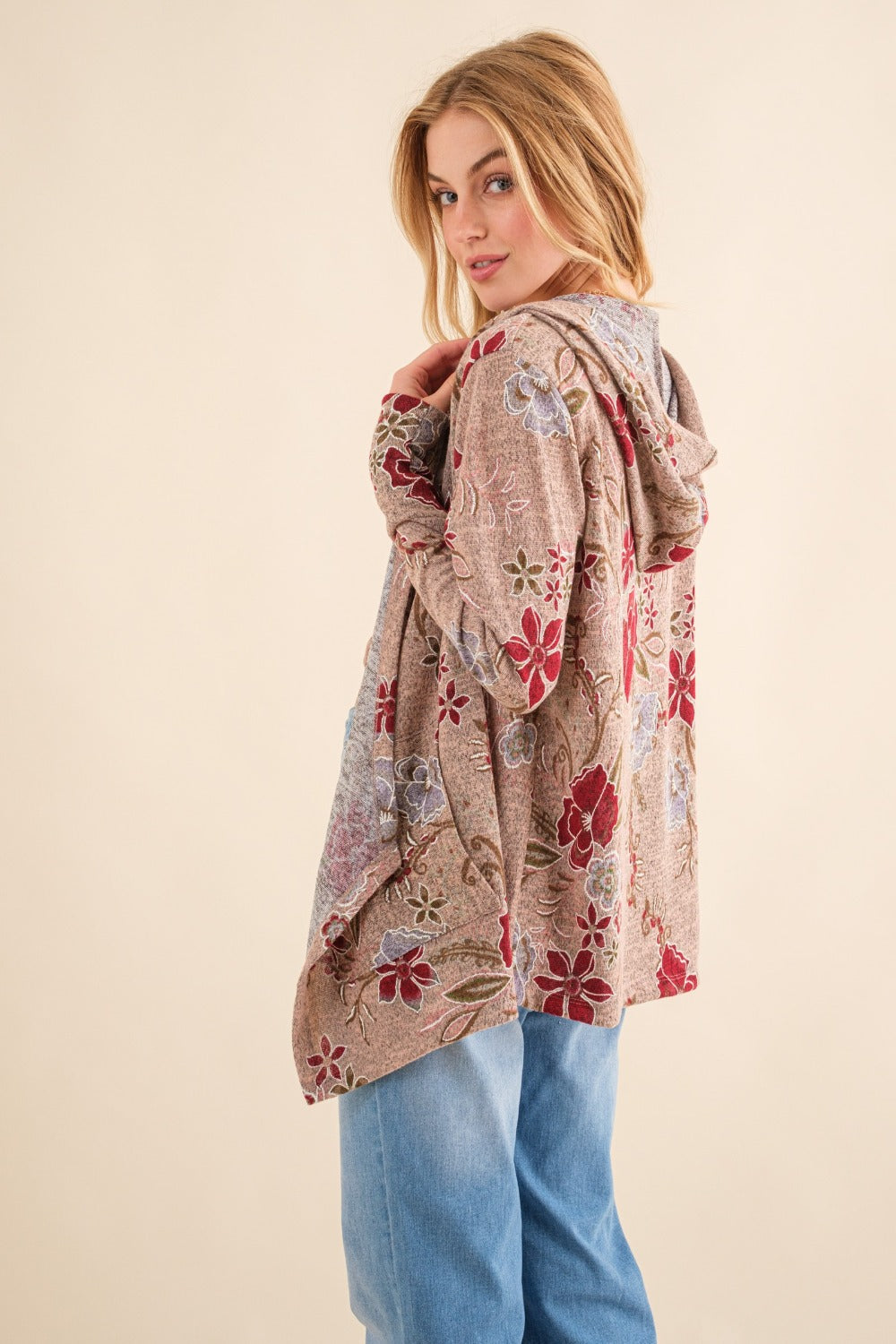 Floral Thermal Hooded Open Front Cardigan