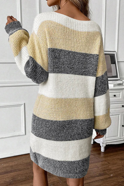 Color Block Boat Neck Long Sleeve Sweater Dress