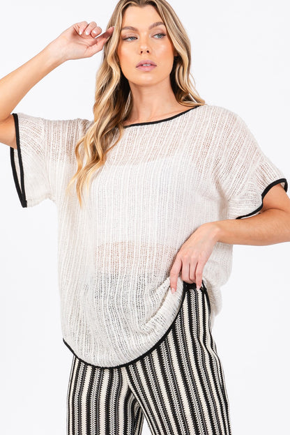 Contrast Trim Short Sleeve Knit Cover Up