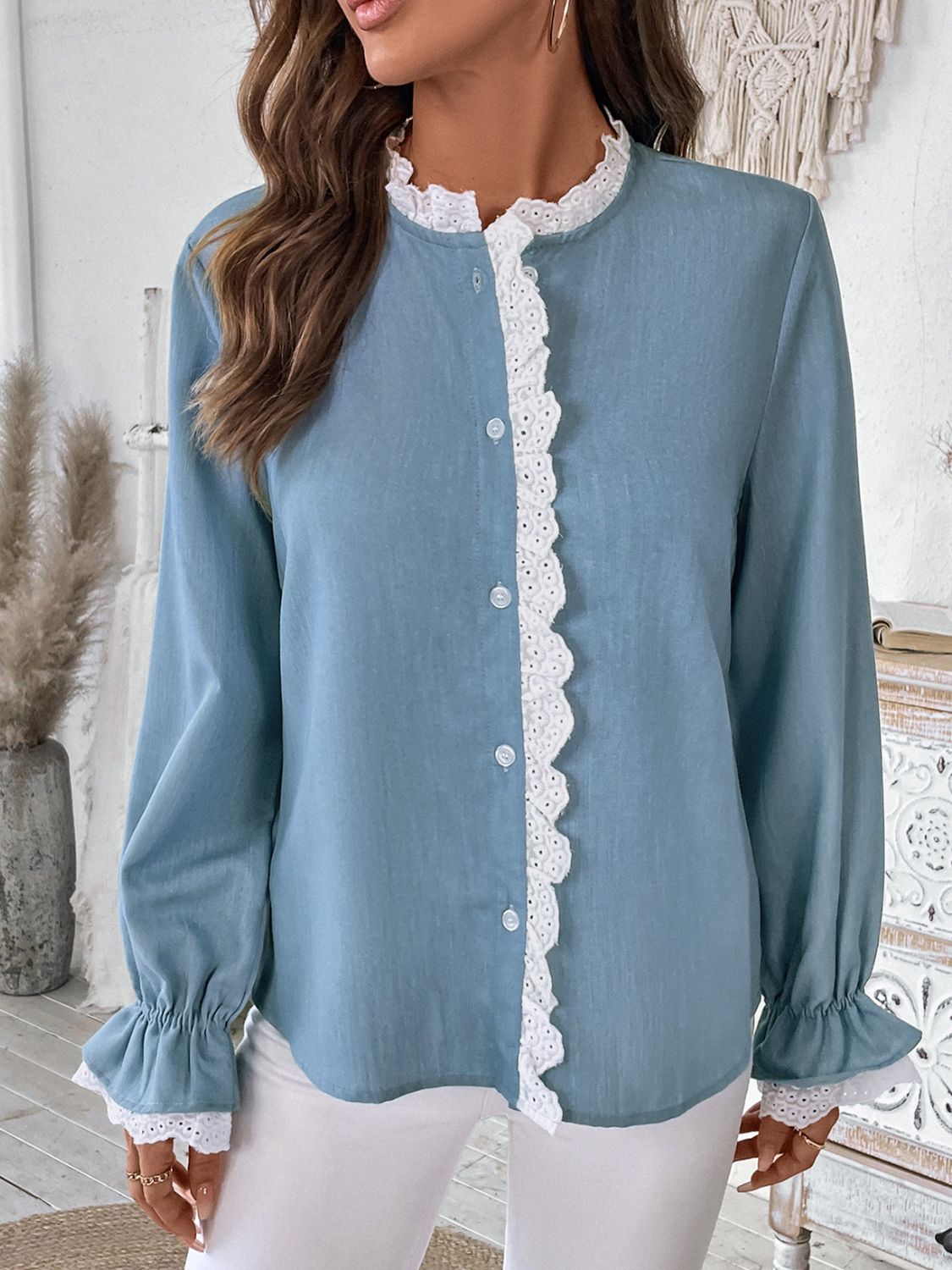 Lace Detail Button Down Long Sleeve Shirt