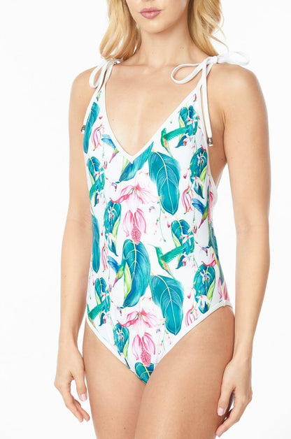 ONE PIECE BATHING SUIT FLORAL PRINT SHOULER TOP TIE