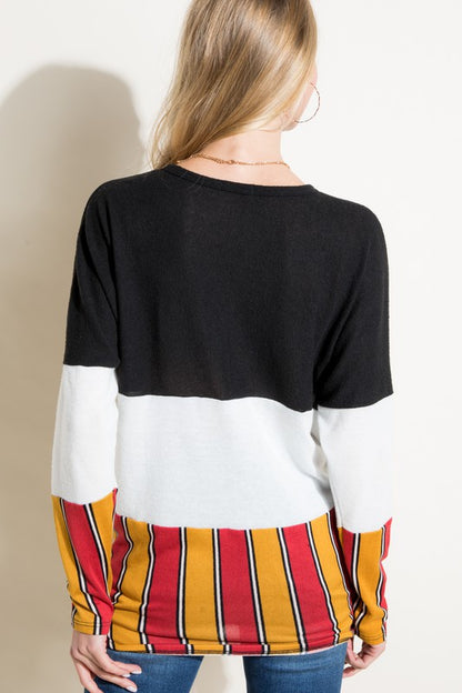 MULTI STRIPE COLOR BLOCK FRONT TIE BUTTON TOP