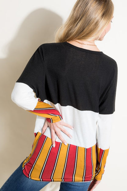 MULTI STRIPE COLOR BLOCK FRONT TIE BUTTON TOP