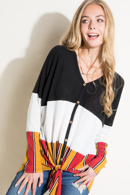 MULTI STRIPE COLOR BLOCK FRONT TIE BUTTON TOP