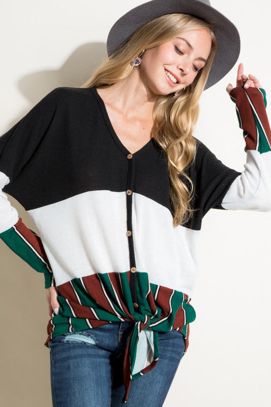 MULTI STRIPE COLOR BLOCK FRONT TIE BUTTON TOP