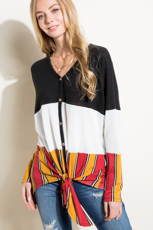 MULTI STRIPE COLOR BLOCK FRONT TIE BUTTON TOP