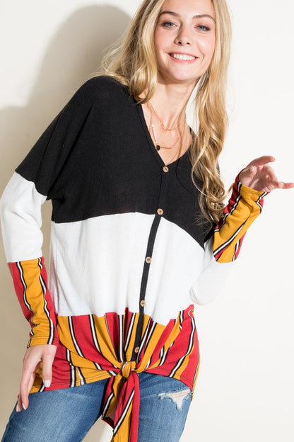 MULTI STRIPE COLOR BLOCK FRONT TIE BUTTON TOP