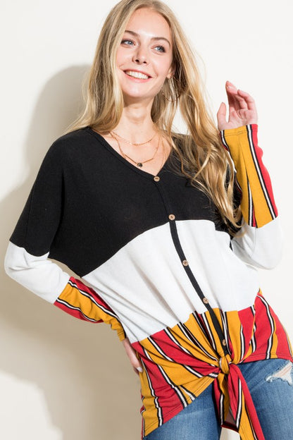 MULTI STRIPE COLOR BLOCK FRONT TIE BUTTON TOP