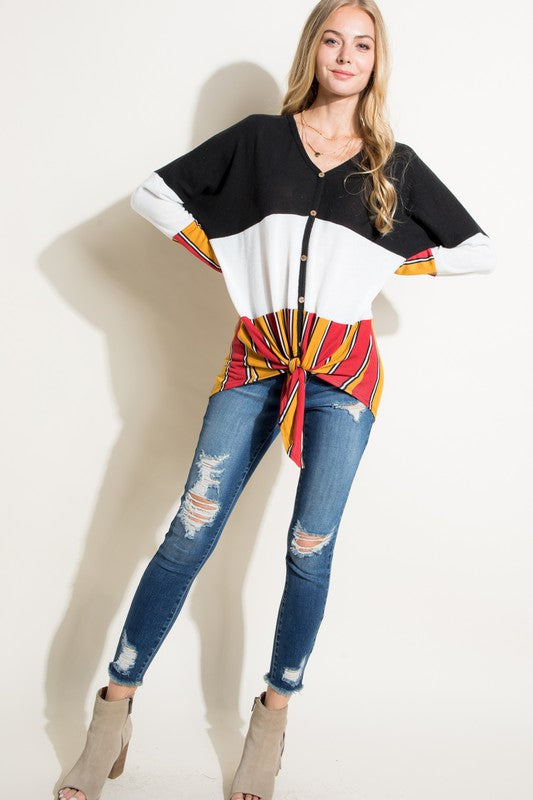 MULTI STRIPE COLOR BLOCK FRONT TIE BUTTON TOP