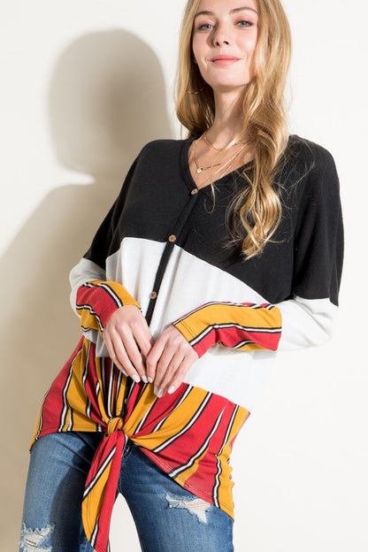 MULTI STRIPE COLOR BLOCK FRONT TIE BUTTON TOP