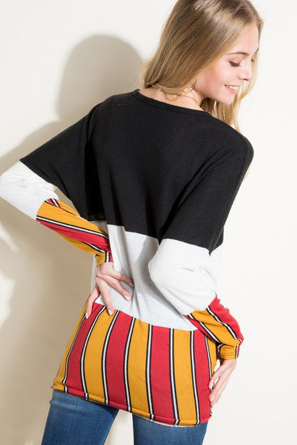 MULTI STRIPE COLOR BLOCK FRONT TIE BUTTON TOP