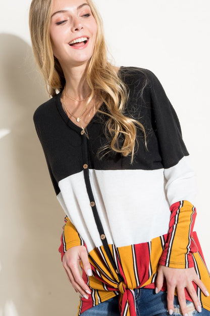 MULTI STRIPE COLOR BLOCK FRONT TIE BUTTON TOP