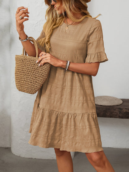 Ruffled Ruched Round Neck Half Sleeve Dress