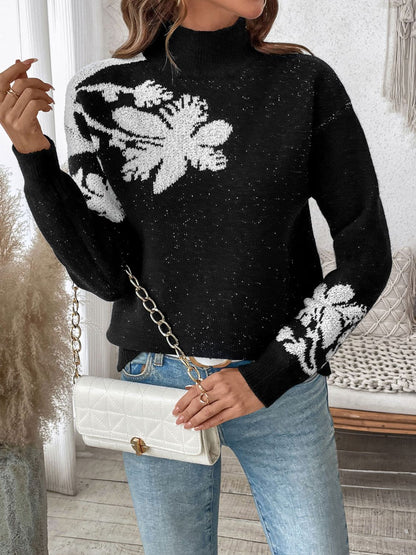 Flower Mock Neck Long Sleeve Sweater