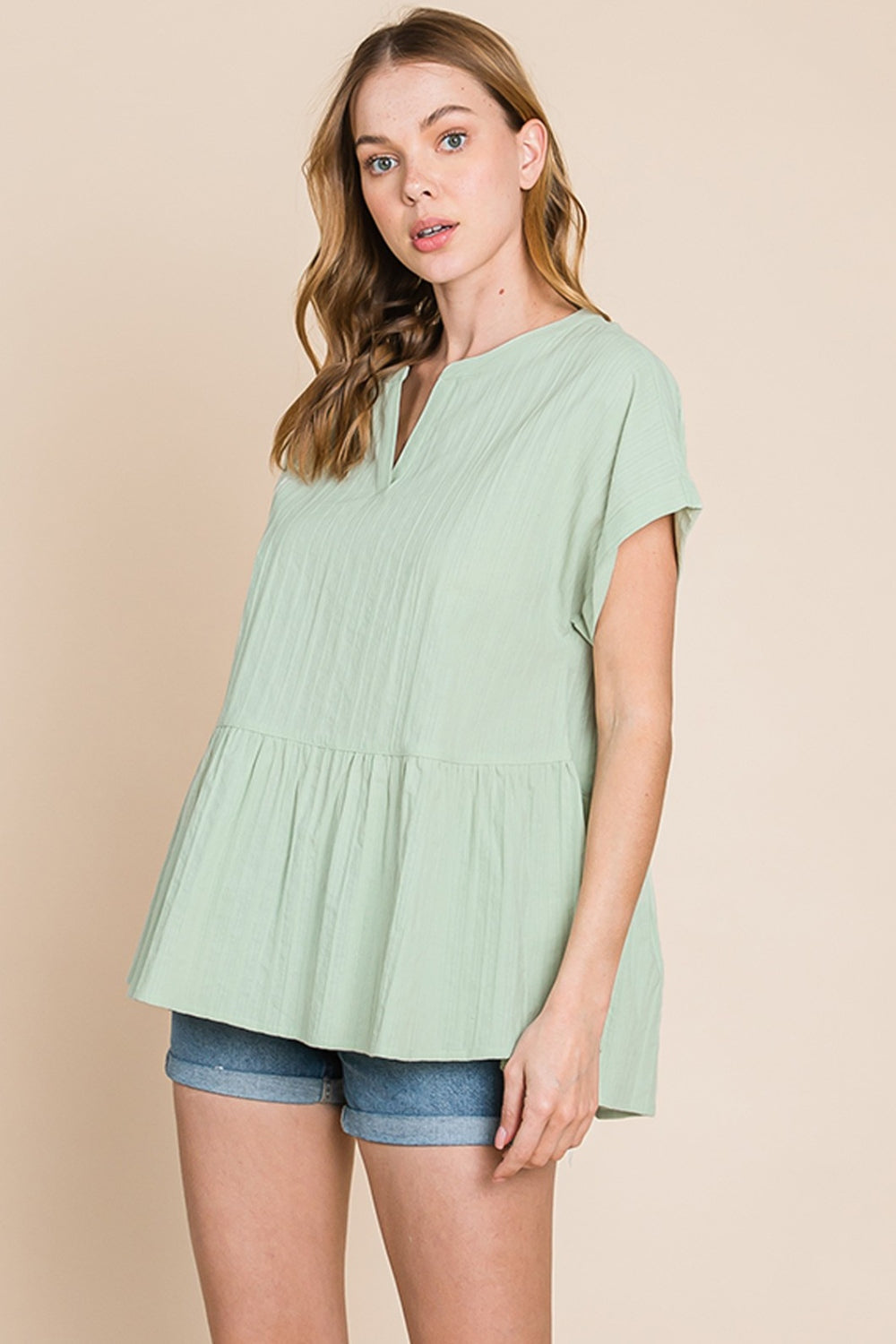 Ruched Notched Short Sleeve Blouse