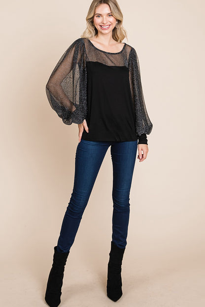 Metallic Mesh Lantern Sleeve Blouse